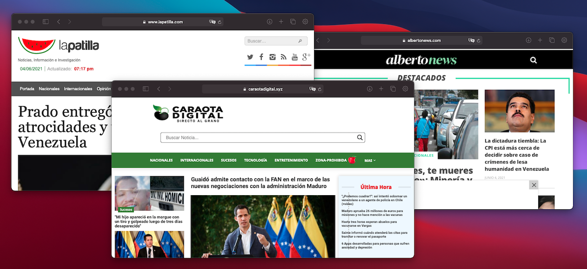 Página de inicio de La Patilla, Caraota Digital y Alberto News